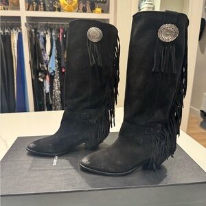 BNIB Saint Laurent Black Fringe Knee-High Boots with tags- marked size 38 (7/37)